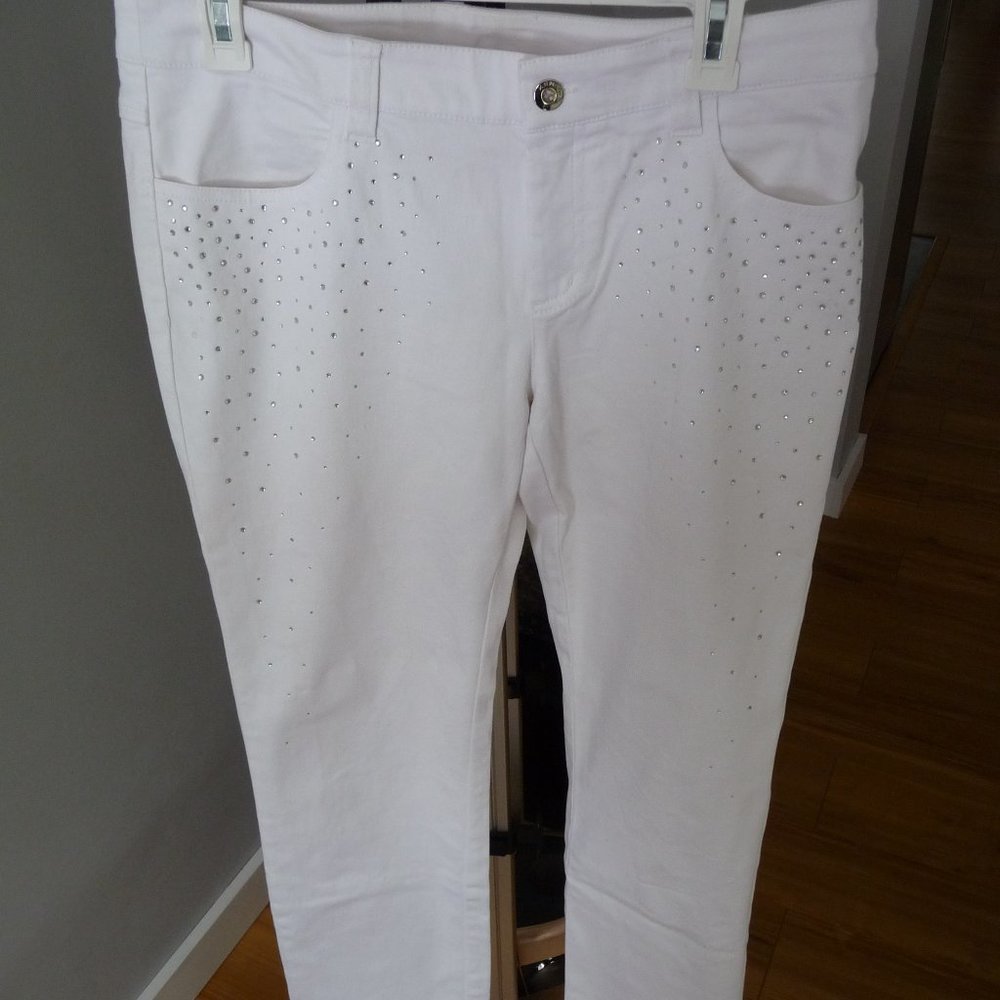 KENSOL made in TURKEY women's white stretchy  jeans with rhinestones size 12